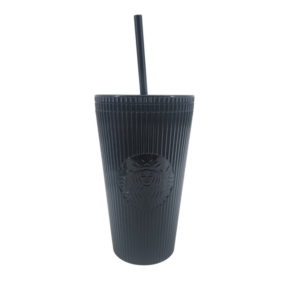 Starbucks Black Ribbed Tumbler with Straw 16 oz Reusable Cold Cup